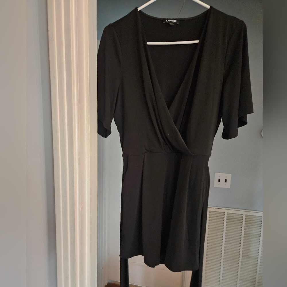 Express Black Short Sleeve Romper with Tie Waist and Pockets
